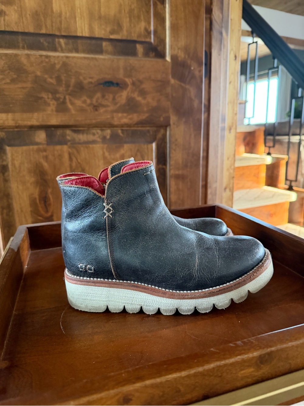 Bed Stu Black Leather Ankle Boots with Red Lining